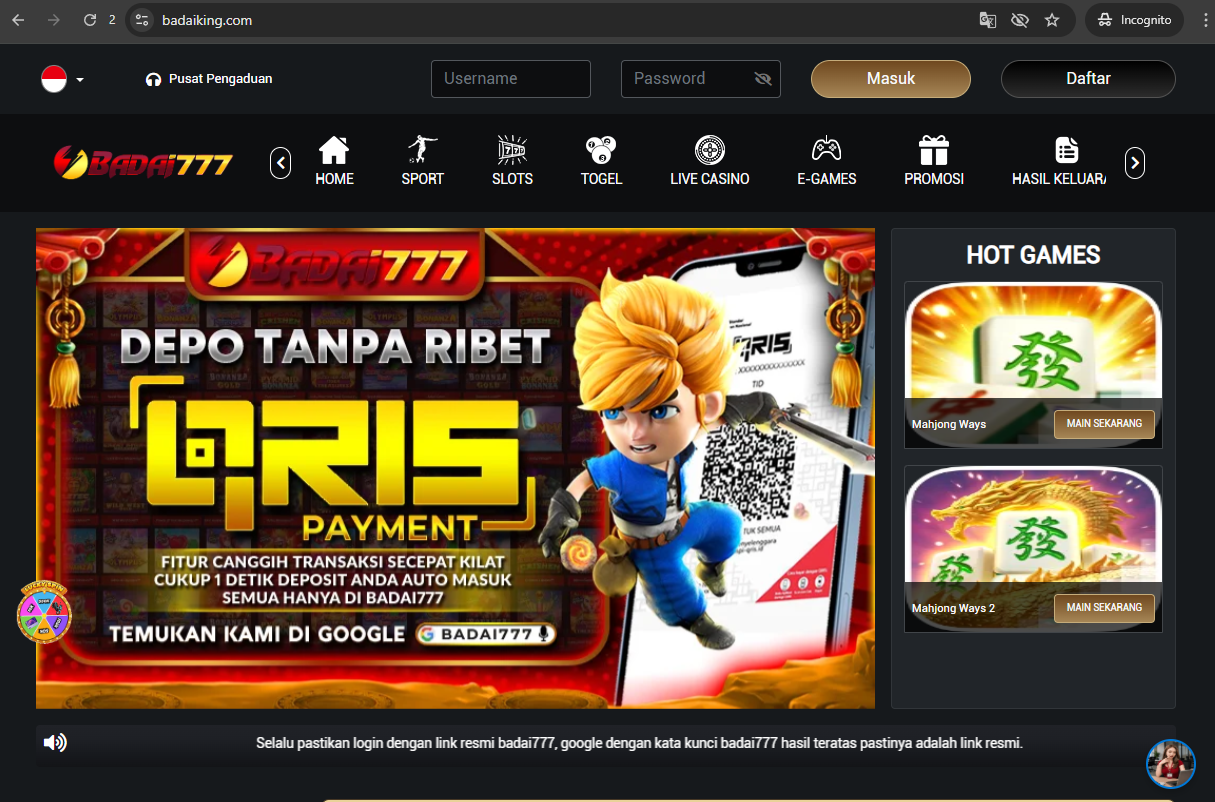 Tampilan aktual situs Badai777